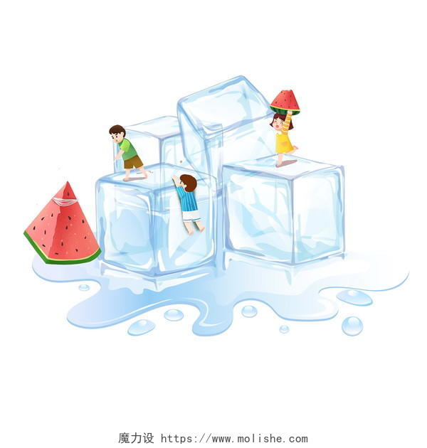 卡通手绘夏天夏至冰块儿童西瓜素材